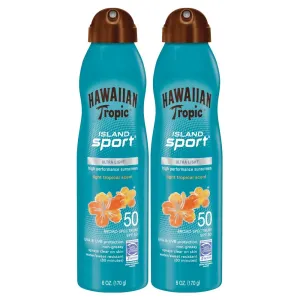Hawaiian Tropic Sunscreen Island Sport Broad Spectrum Sunscreen Spray, SPF 50, 6 Ounce - Twin Pack