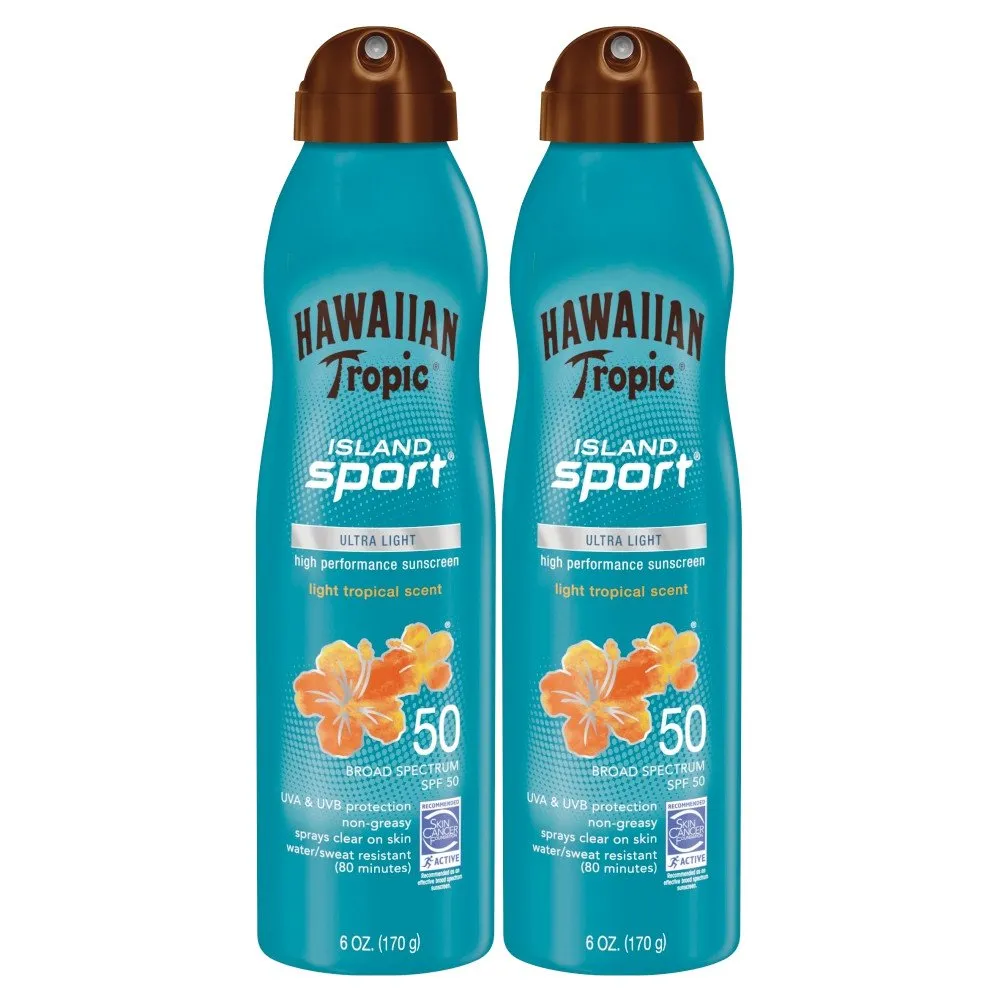 Hawaiian Tropic Sunscreen Island Sport Broad Spectrum Sunscreen Spray, SPF 50, 6 Ounce - Twin Pack