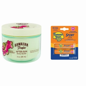 Hawaiian Tropic After Sun Body Butter with Coconut Oil, 8oz & Banana Boat Sport Ultra SPF 50 Lip Sunscreen Twin Pack | After Sun Lotion & Lip Balm Bundle