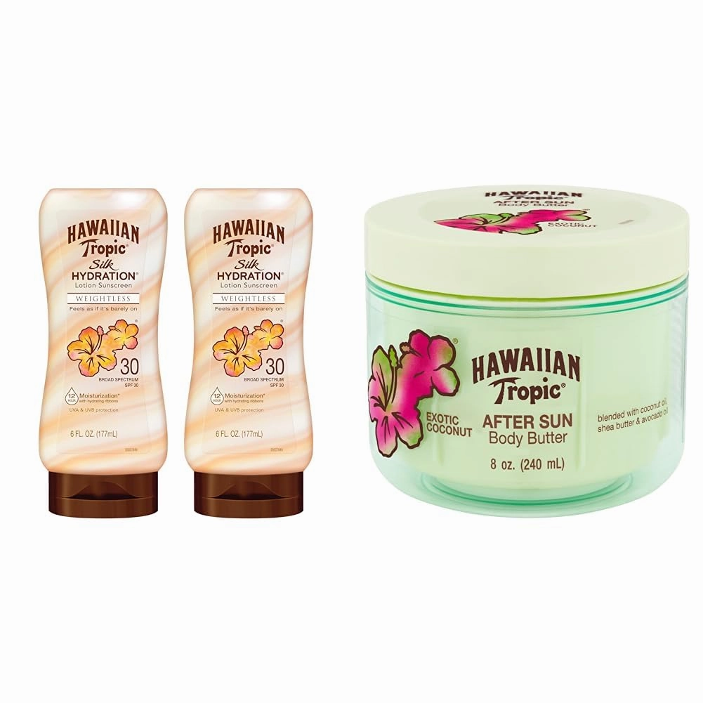 Hawaiian Tropic Weightless Hydration SPF 30 Sunscreen Twin Pack and After Sun Body Butter with Coconut Oil, 8oz