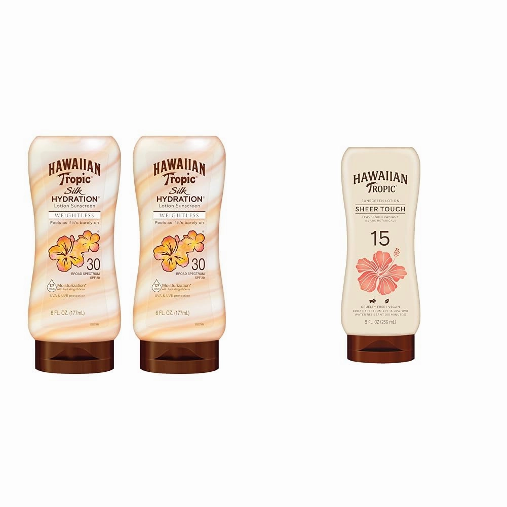 Hawaiian Tropic Weightless Hydration SPF 30 Twin Pack & Sheer Touch Ultra Radiance SPF 15 Sunscreen Lotions | 12hr Moisturizing, Oil-Free