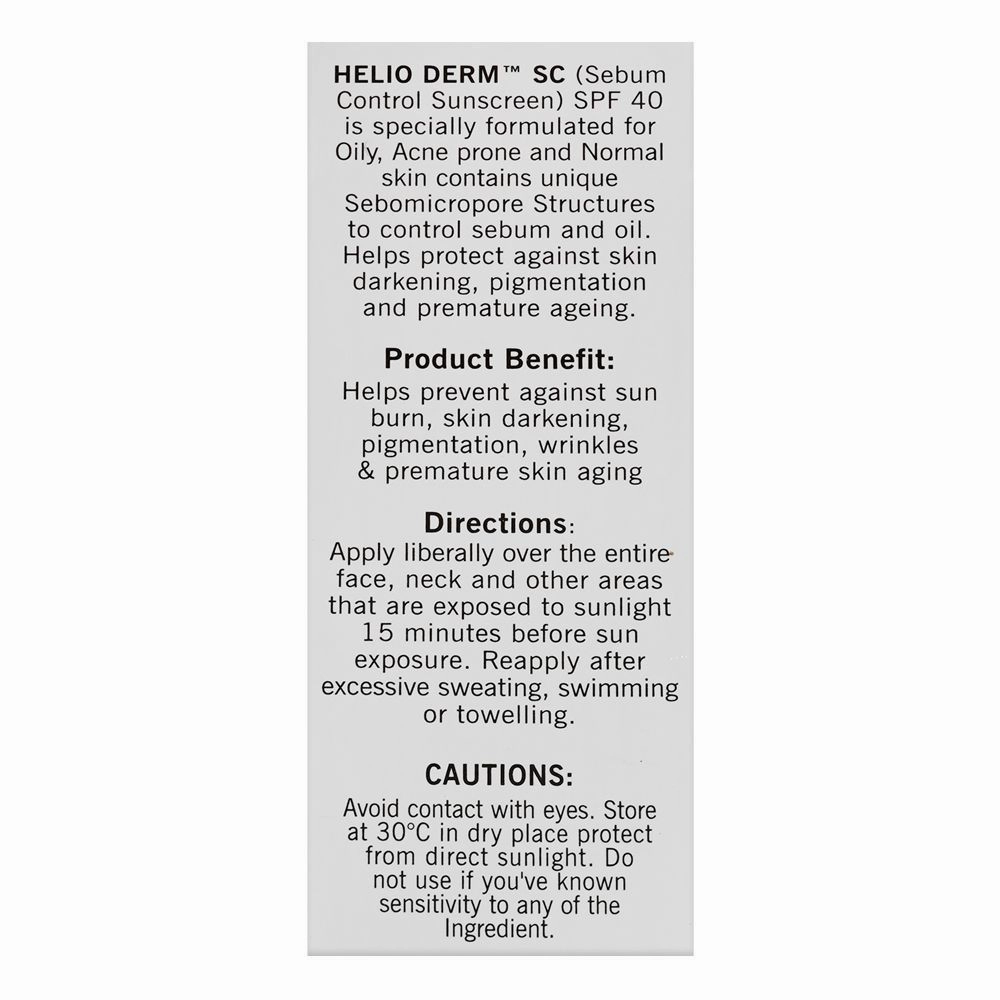 Helio Derm Sc Sebum Control Sunscreen, Oil Free, SPF 40, PA   , Waterproof, 30g