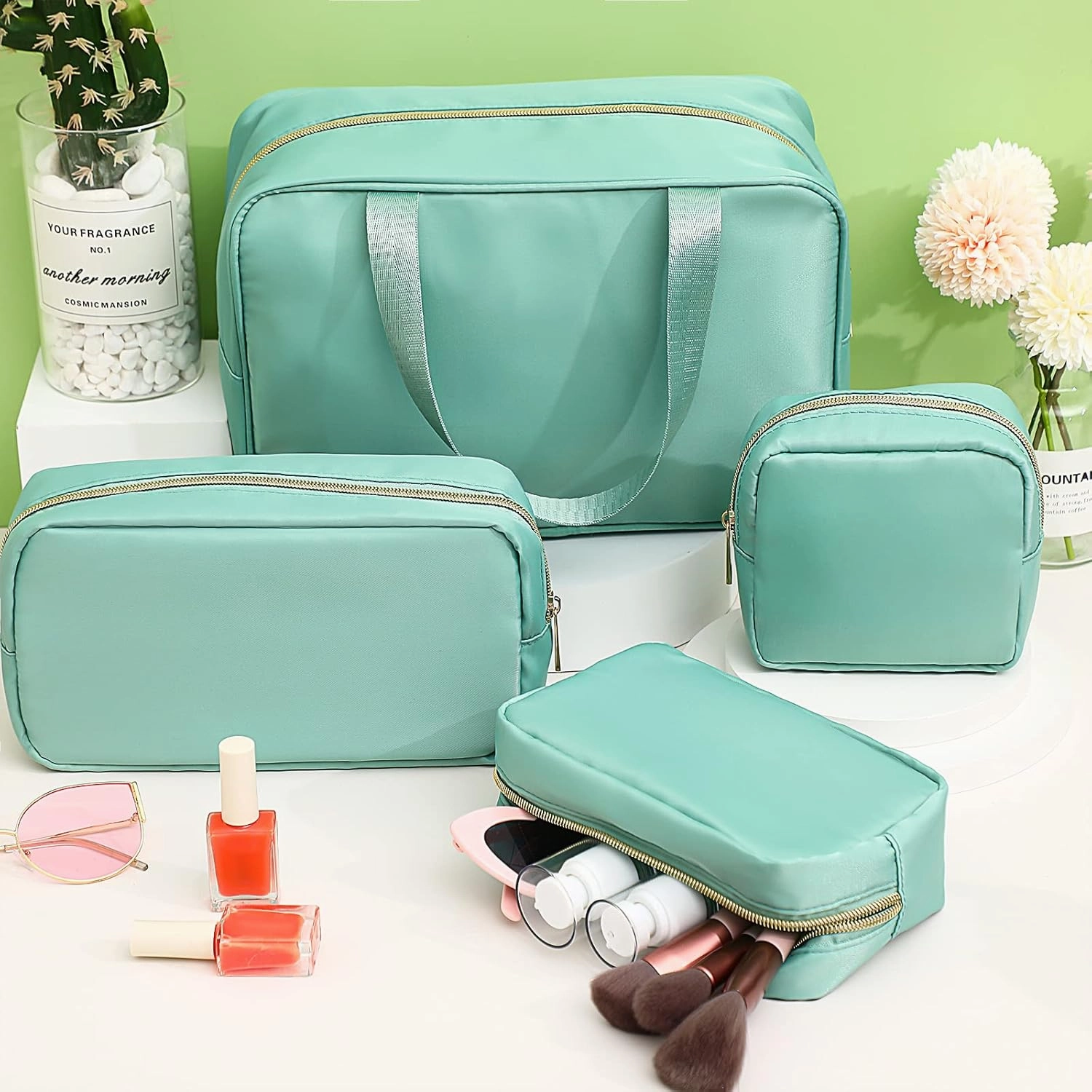 Hillban 4 Pieces Travel Nylon Makeup Bag Set Preppy Cosmetic Bag Nylon Cosmetic Zipper Pouches Travel Toiletry Bag for Women for Toiletries Essentials Accessories, 4 Sizes(Green)