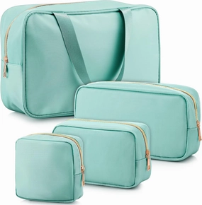 Hillban 4 Pieces Travel Nylon Makeup Bag Set Preppy Cosmetic Bag Nylon Cosmetic Zipper Pouches Travel Toiletry Bag for Women for Toiletries Essentials Accessories, 4 Sizes(Green)
