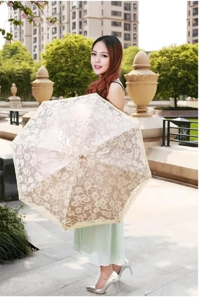 Honeystore Lace Travel Parasol Folding Anti-uv Windproof Embroidery Umbrella
