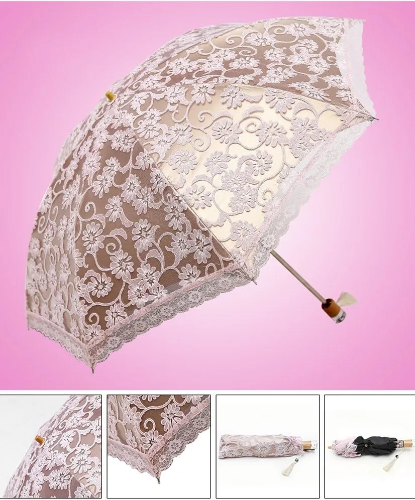 Honeystore Lace Travel Parasol Folding Anti-uv Windproof Embroidery Umbrella