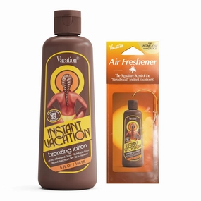 Instant Vacation SPF 30 Bronzing Lotion & Air Freshener Bundle, Lightweight, Buildable Color, Evens Appearance of Skin Tone, Cocoa-Hazelnut Scent, Vegan, 5 Fl. Oz.