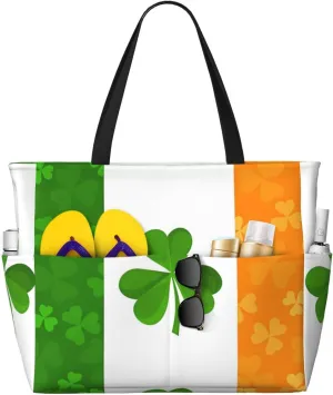 irish flag Print 28L Large Beach Tote Bag, 7 Pockets Waterproof Travel Shoulder Bag, Gym Oversized Tote