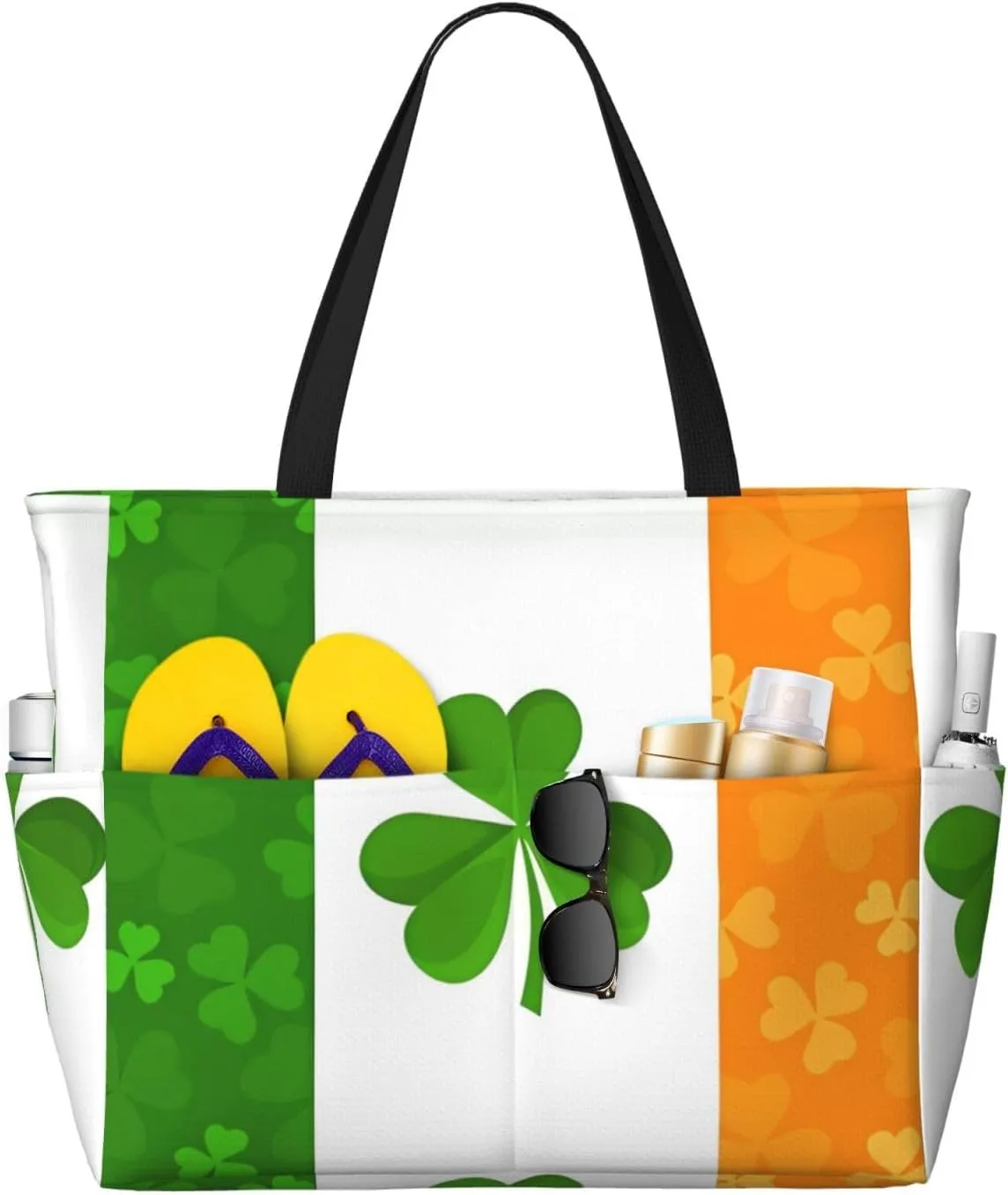 irish flag Print 28L Large Beach Tote Bag, 7 Pockets Waterproof Travel Shoulder Bag, Gym Oversized Tote