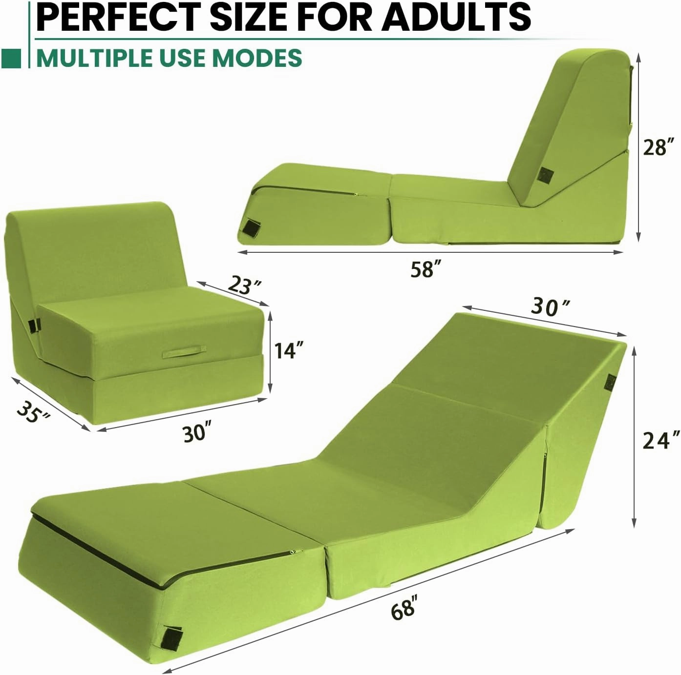 jela Outdoor Chaise Lounge, Waterproof Folding Sofa Bed Lounge Chair, UV Resistant Folding Lounge Chair with Machine Washable Cover, Soft Foam Patio Chairs Pool Lounge Chairs (Green)