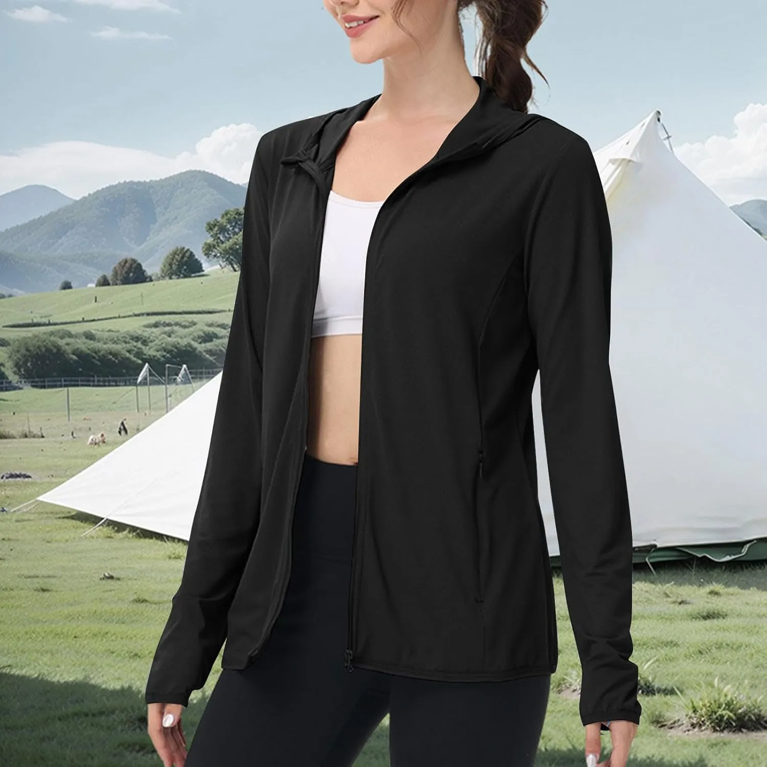 JIEMUXIU Rash Guard for Women UPF 50  SPF UV Protection Hoodies Long Sleeve Workout Tops with Pockets Dry Fit Hiking Shirt