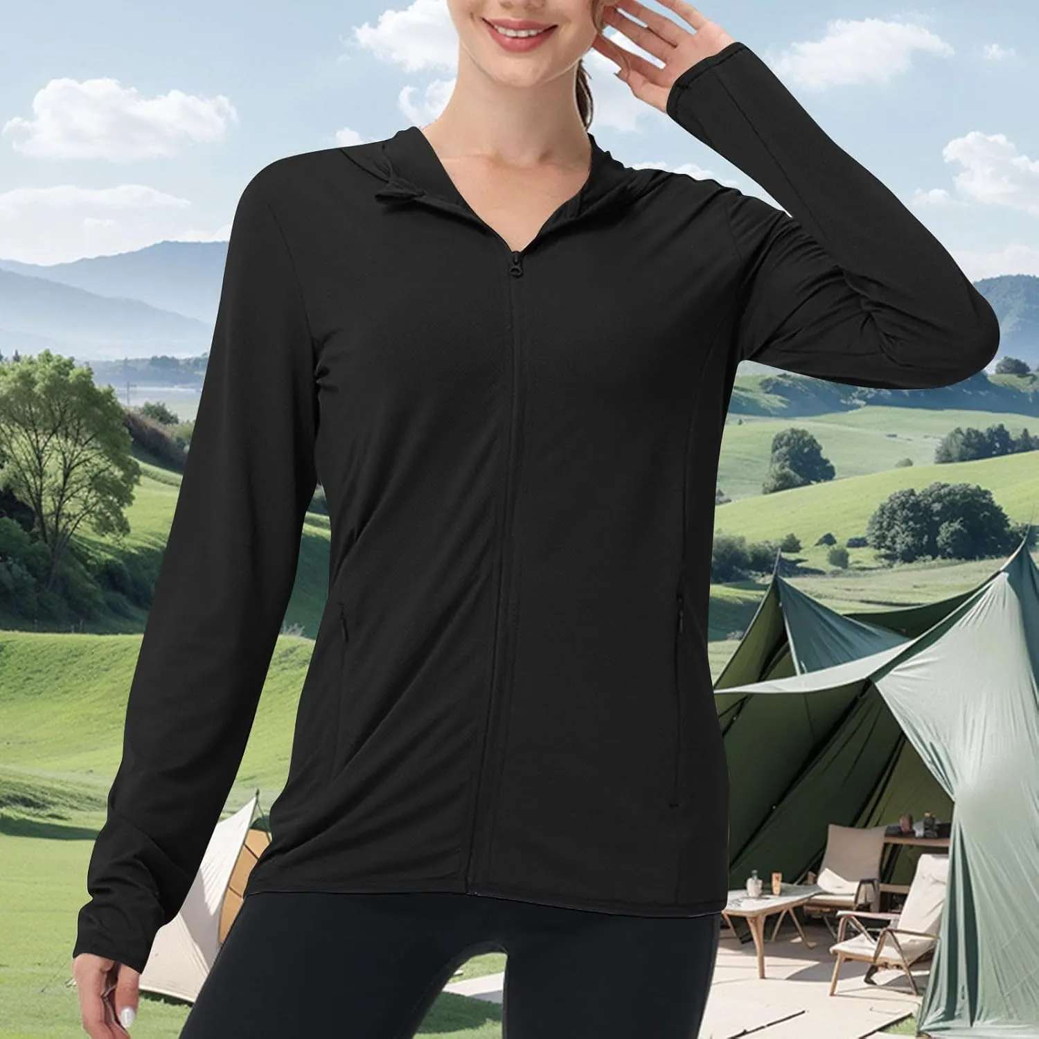 JIEMUXIU Rash Guard for Women UPF 50  SPF UV Protection Hoodies Long Sleeve Workout Tops with Pockets Dry Fit Hiking Shirt