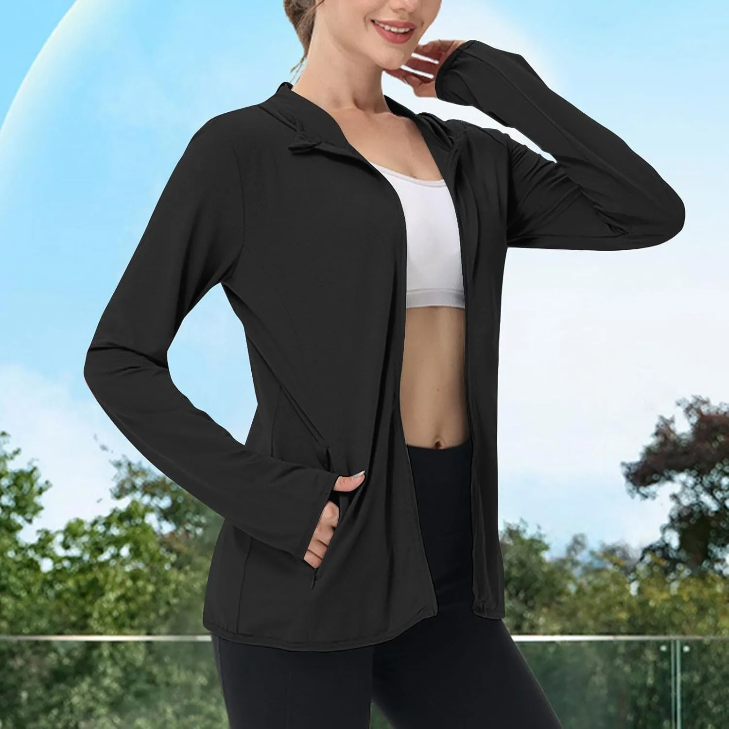 JIEMUXIU Rash Guard for Women UPF 50  SPF UV Protection Hoodies Long Sleeve Workout Tops with Pockets Dry Fit Hiking Shirt