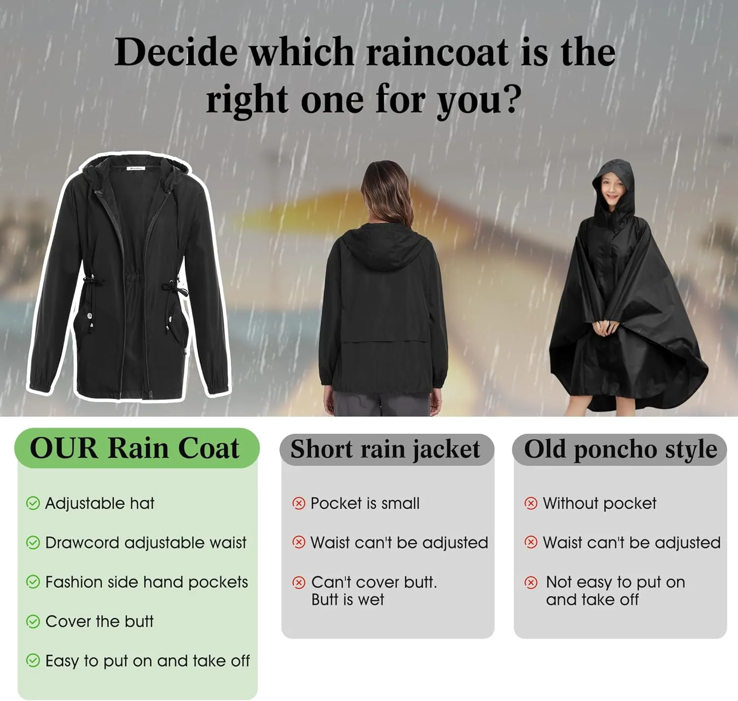 JTANIB Women Packable Rain Jacket Waterproof Lightweight Raincoat Hooded for Hiking Outdoor Travel