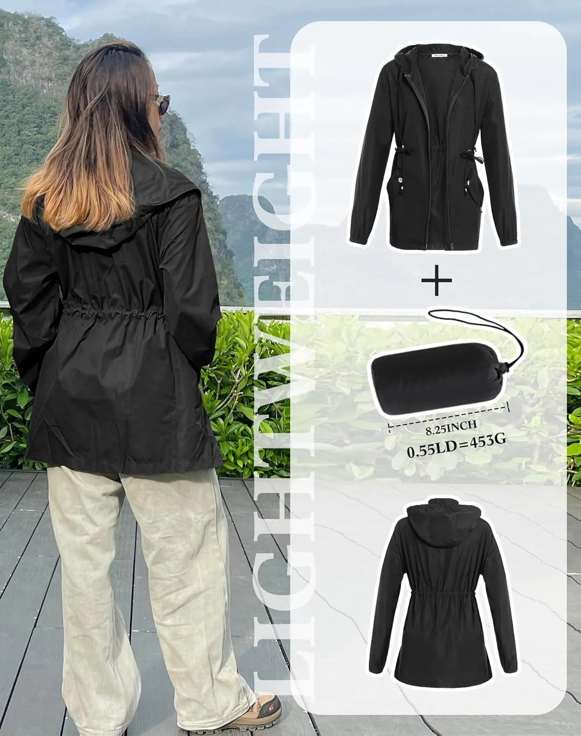 JTANIB Women Packable Rain Jacket Waterproof Lightweight Raincoat Hooded for Hiking Outdoor Travel