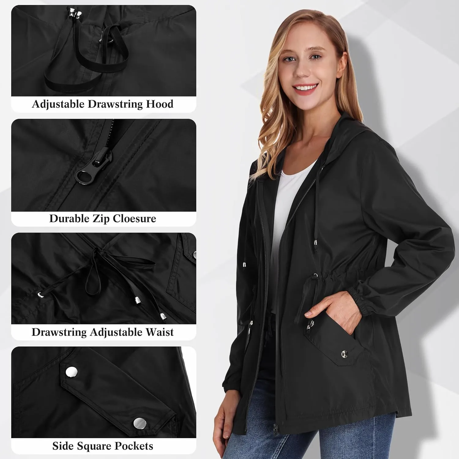JTANIB Women Packable Rain Jacket Waterproof Lightweight Raincoat Hooded for Hiking Outdoor Travel