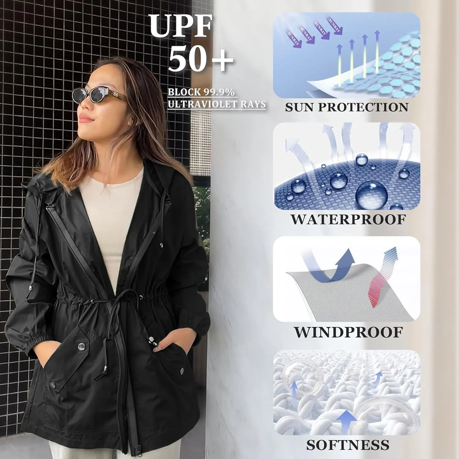 JTANIB Women Packable Rain Jacket Waterproof Lightweight Raincoat Hooded for Hiking Outdoor Travel