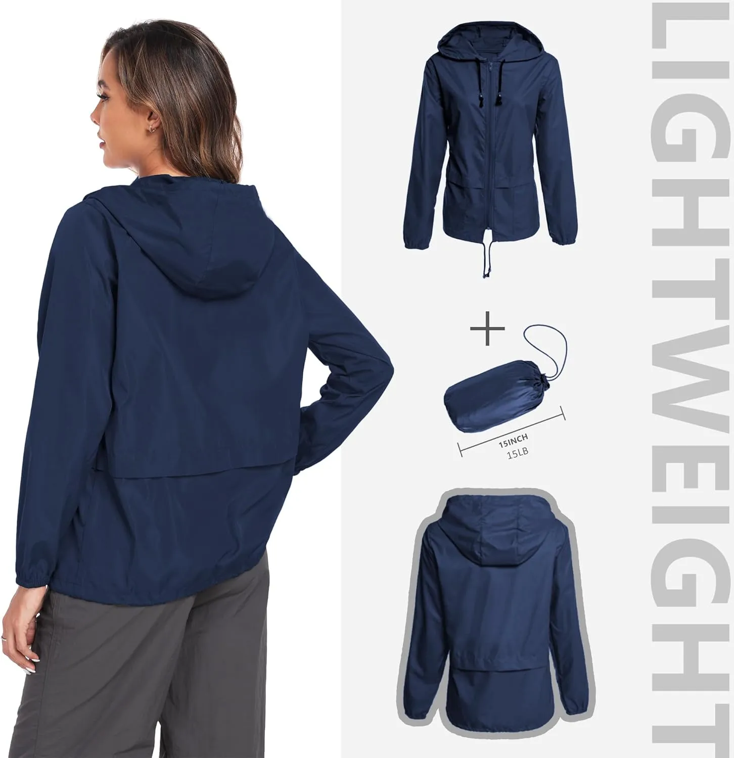 JTANIB Women's Raincoat Waterproof Windbreaker Hooded Lightweight Packable Rain Jacket with Back Zipper Coats S-XXL