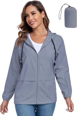 JTANIB Women's Raincoat Waterproof Windbreaker Hooded Lightweight Packable Rain Jacket with Back Zipper Coats S-XXL