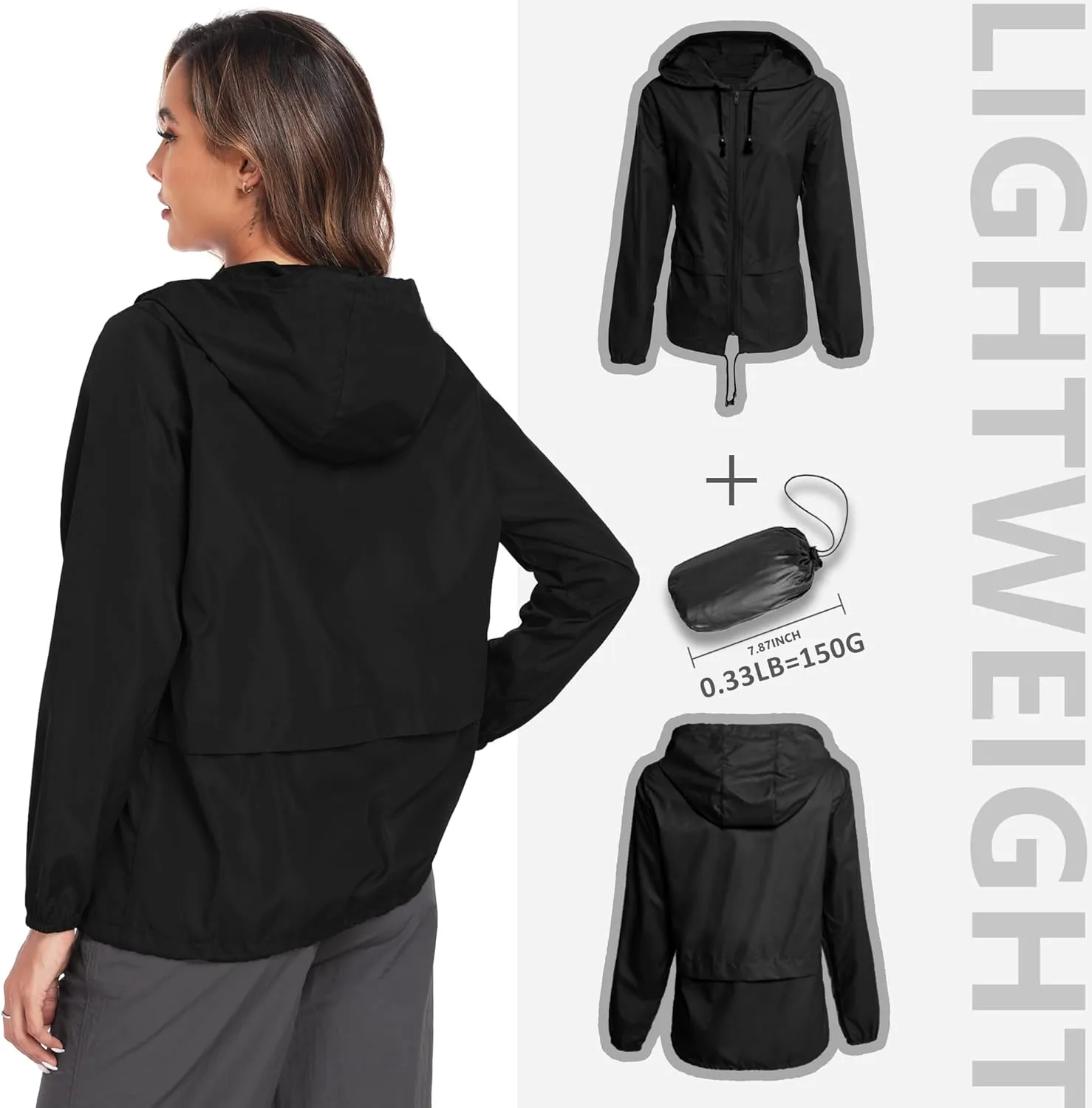 JTANIB Women's Raincoat Waterproof Windbreaker Hooded Lightweight Packable Rain Jacket with Back Zipper Coats S-XXL