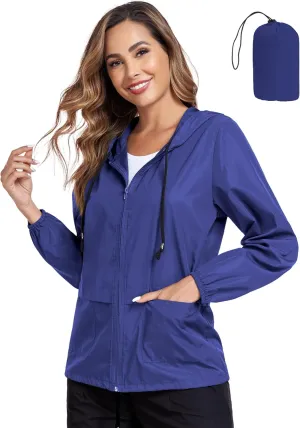 JTANIB Women's Raincoat Waterproof Windbreaker Hooded Lightweight Packable Rain Jacket with Back Zipper Coats S-XXL