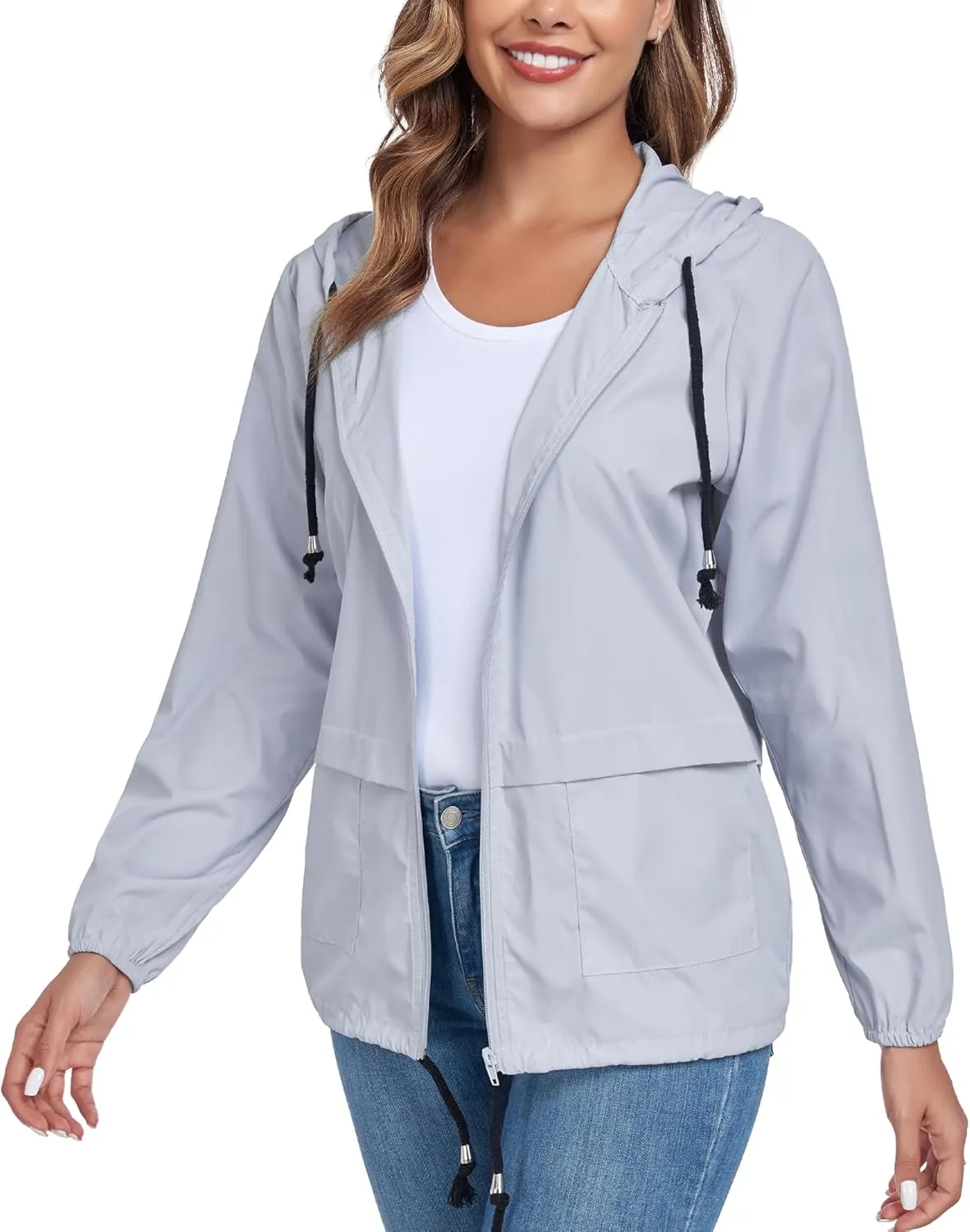 JTANIB Women's Raincoat Waterproof Windbreaker Hooded Lightweight Packable Rain Jacket with Back Zipper Coats S-XXL