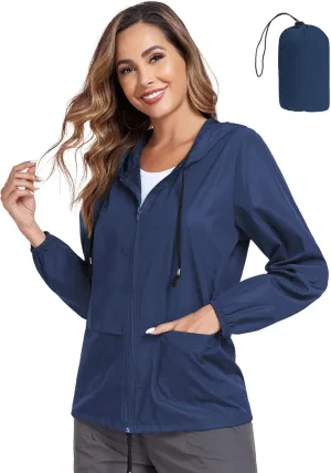 JTANIB Women's Raincoat Waterproof Windbreaker Hooded Lightweight Packable Rain Jacket with Back Zipper Coats S-XXL