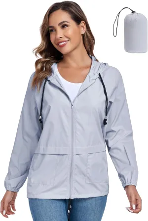 JTANIB Women's Raincoat Waterproof Windbreaker Hooded Lightweight Packable Rain Jacket with Back Zipper Coats S-XXL