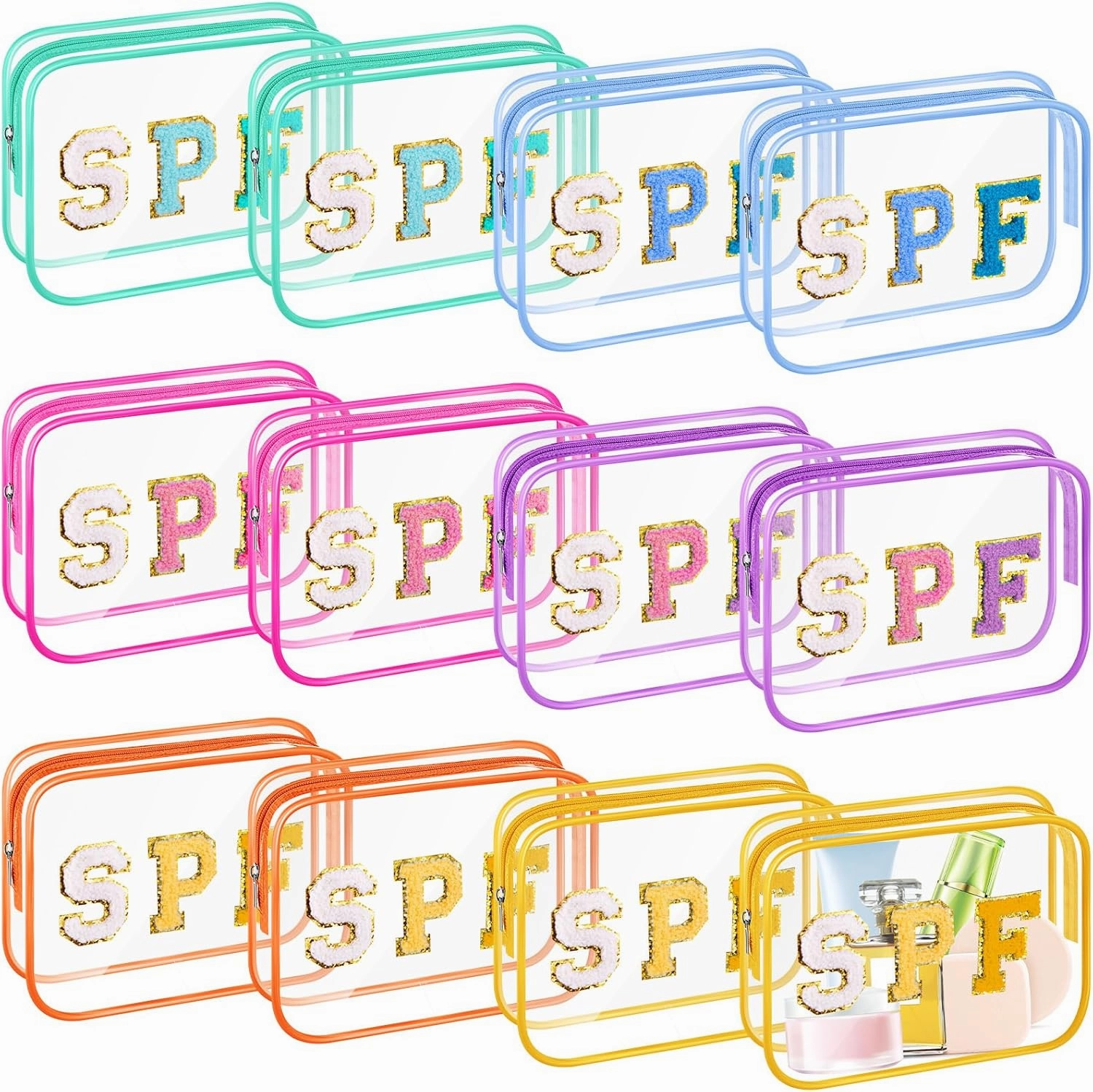 Kacctyen 12 Pcs Spf Clear Makeup Bags Bulk Preppy Patch Sunscreen Pouch Chenille Letter Toiletry Bag Waterproof PVC Travel Cosmetic Zipper Organizer for Women Girls Summer Beach Pool Vacation Gifts