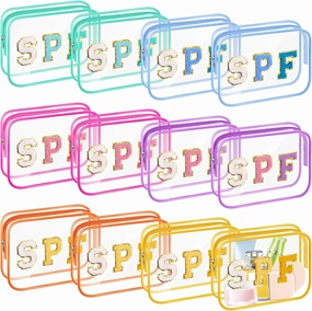 Kacctyen 12 Pcs Spf Clear Makeup Bags Bulk Preppy Patch Sunscreen Pouch Chenille Letter Toiletry Bag Waterproof PVC Travel Cosmetic Zipper Organizer for Women Girls Summer Beach Pool Vacation Gifts