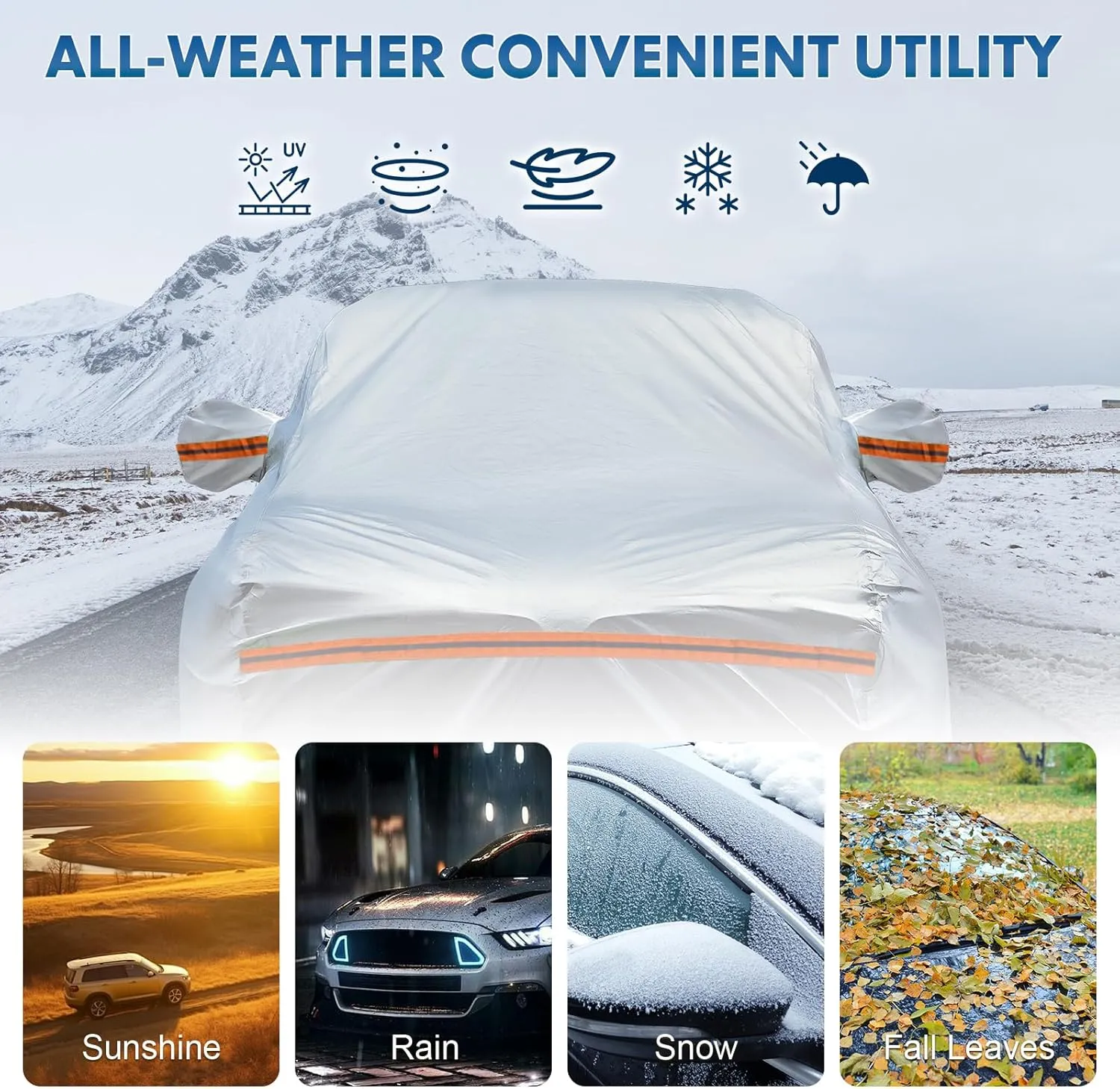 KEYOOG Fit for 178"-189" Length SUVs, 6-Layer Full Car Cover is All-Weather Waterproof, Universal in All Seasons, Snow Prevention, Rainproof, Acid Rainproof, Sunscreen, Orange Reflective Strip