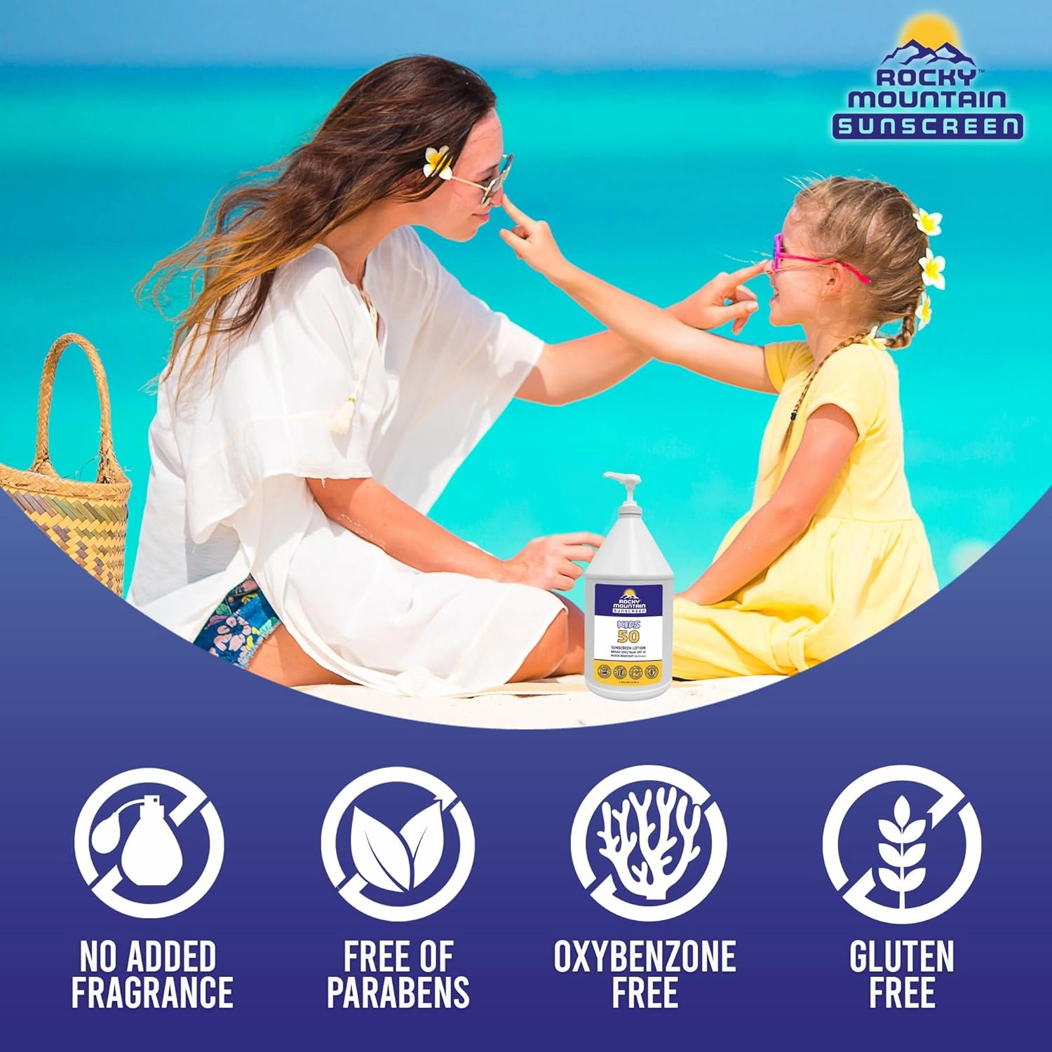 KIDS Rocky Mountain Sunscreen SPF 50 Gallon Sunscreen Lotion | Broad Spectrum UVA/UVB Protection | Hawaii 104 Reef Act Compliant (Oxybenzone & Octinoxate Free) | Water Resistant 80 Min. | (128 Fl Oz)