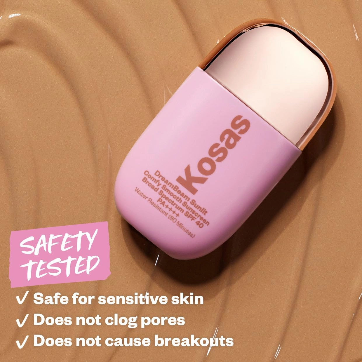 Kosas DreamBeam Water Resistant Sunscreen SPF 40 - Smooth Liquid Sun Protection for Face Lightweight Makeup Base w/Hyaluronic Acid, Ceramides & Peptides - Golden Glow, Sunlit, 40 ml