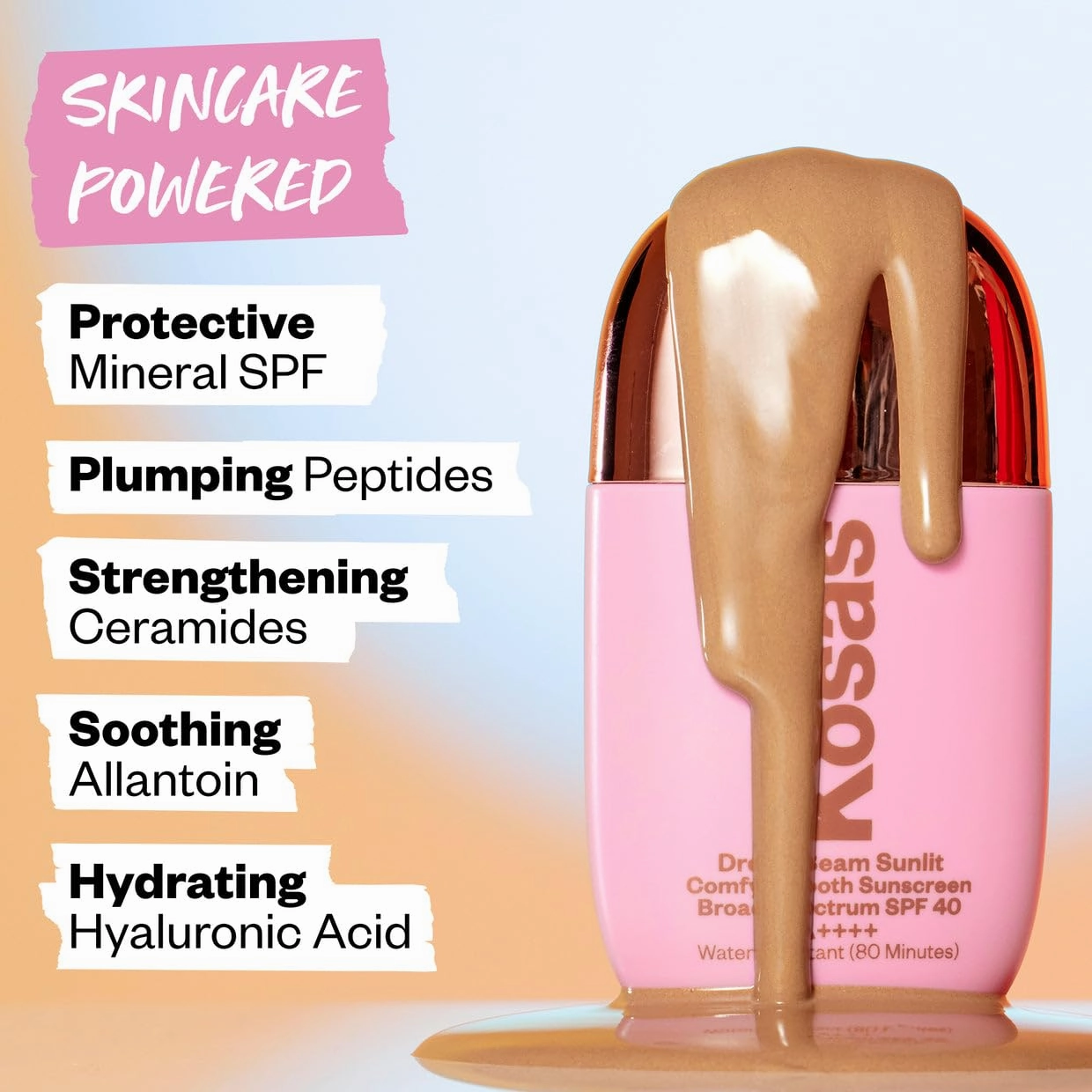 Kosas DreamBeam Water Resistant Sunscreen SPF 40 - Smooth Liquid Sun Protection for Face Lightweight Makeup Base w/Hyaluronic Acid, Ceramides & Peptides - Golden Glow, Sunlit, 40 ml