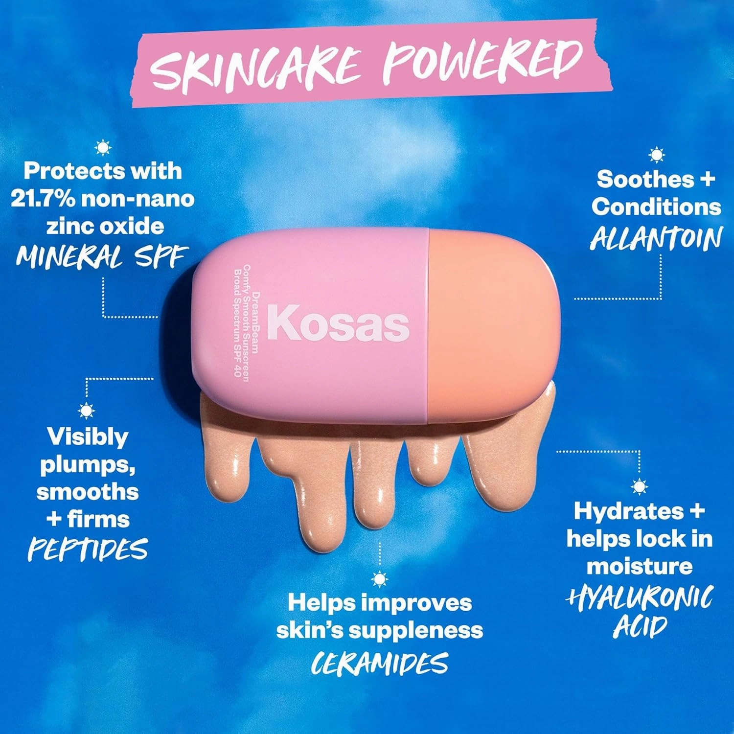 Kosas Mini DreamBeam Mineral Sunscreen SPF 40, Travel Size Face Sunscreen - Lightweight Makeup Base - Radiant Finish, Original, 15ml