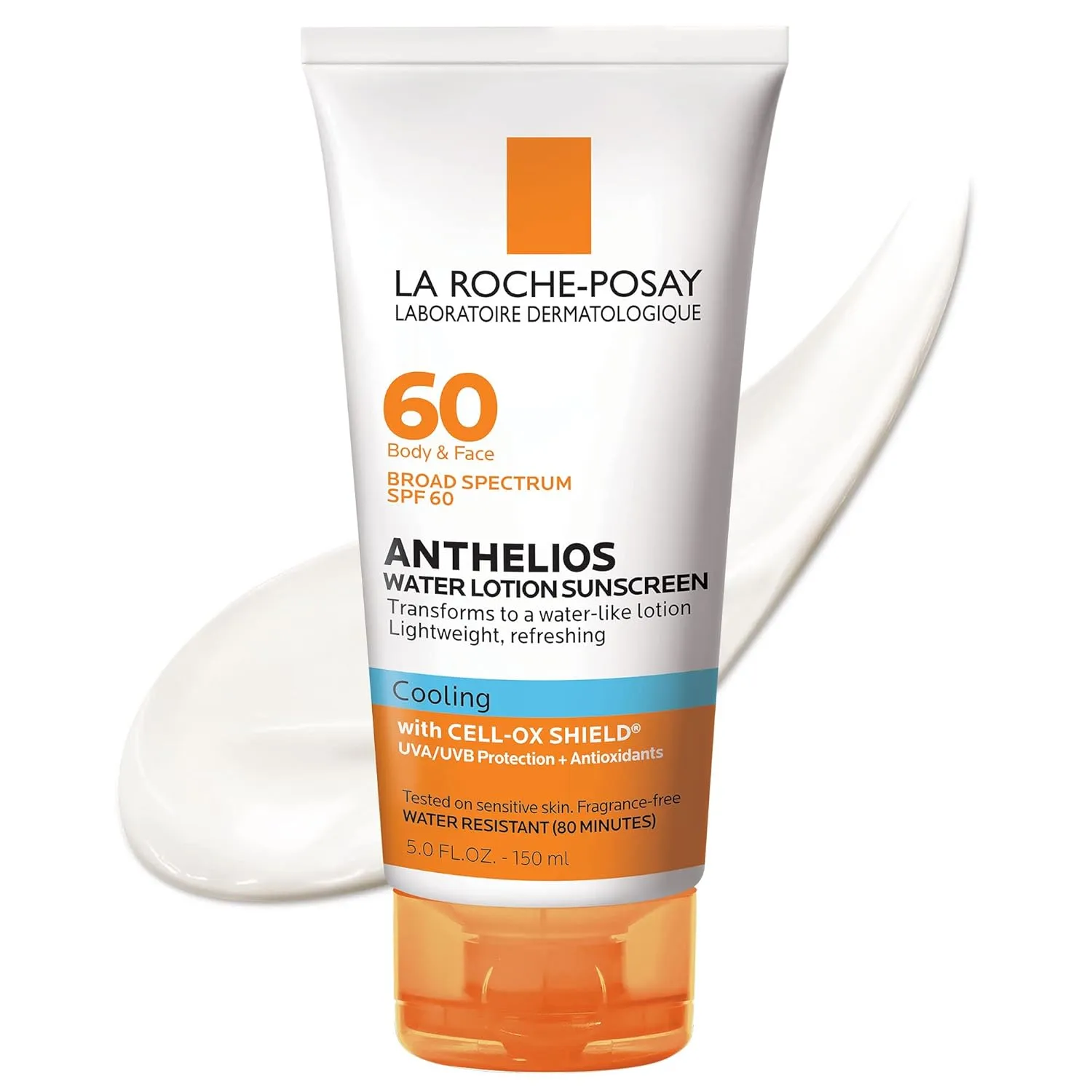 La Roche-Posay Anthelios Cooling Water Sunscreen Lotion, Water Based Sunscreen for Face & Body, Broad Spectrum SPF   Antioxidants, Fast Absorbing Water-Like Texture, Oil Free Sunscreen SPF 60