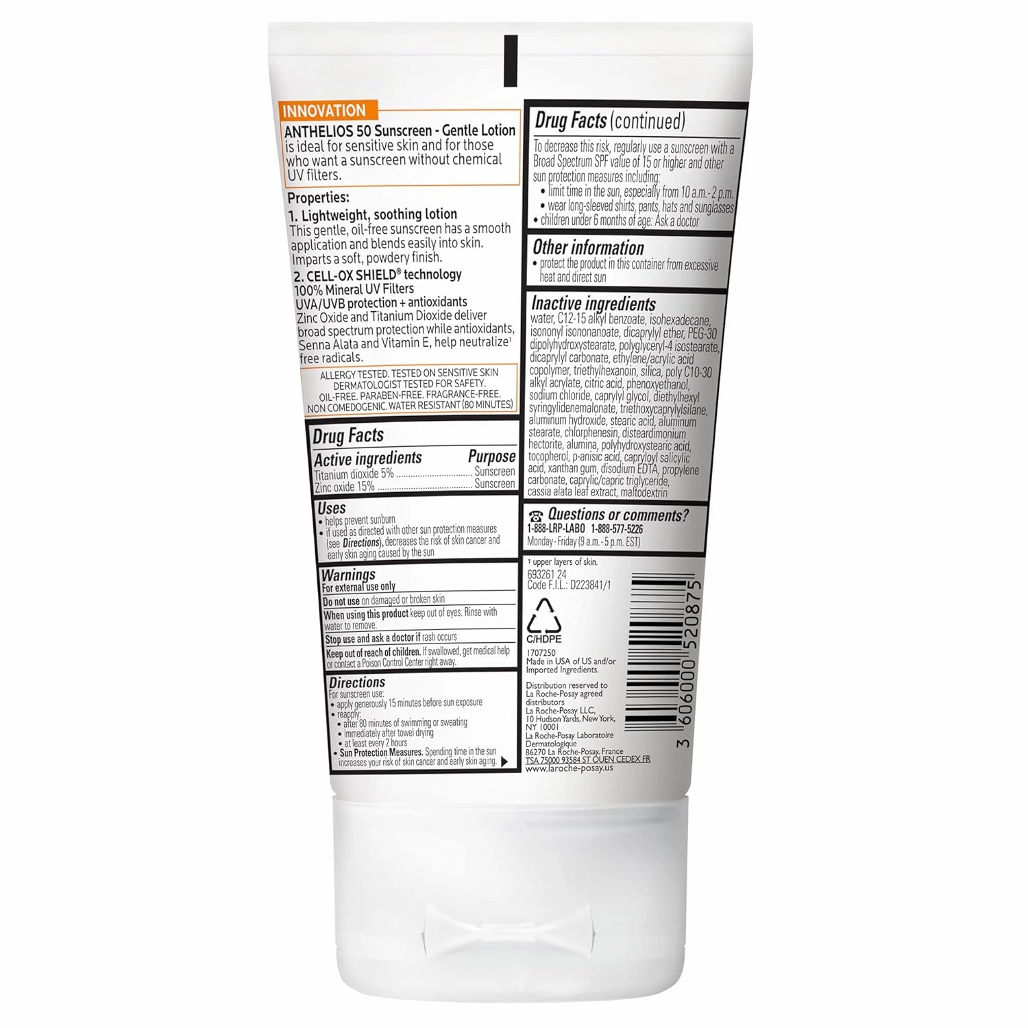La Roche-Posay Anthelios Mineral Sunscreen SPF 50 Gentle Lotion, Broad Spectrum SPF   Antioxidants, Face & Body Sunscreen, Titanium Dioxide & Zinc Oxide, Oxybenzone Free, Oil Free