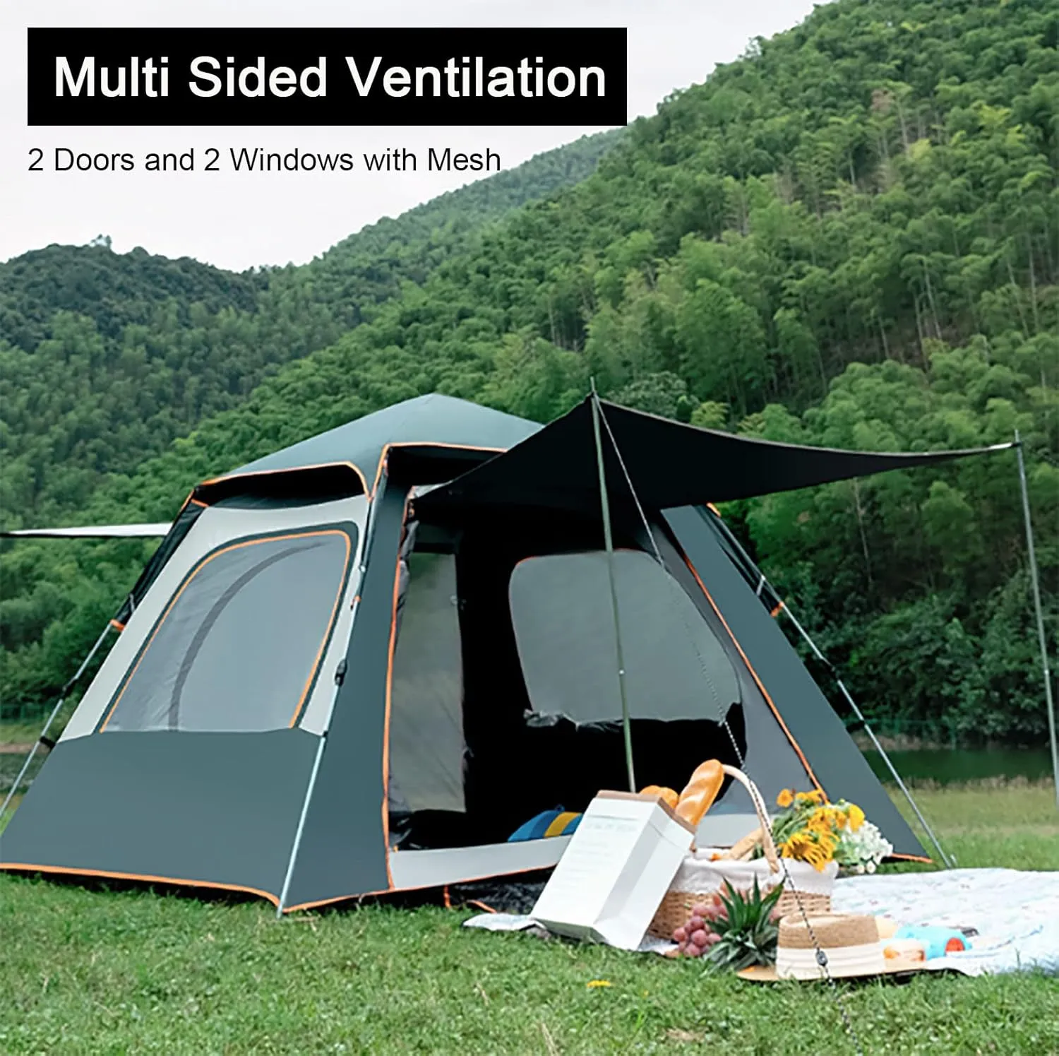 Large Tent 3-8 Person,Instant Family Cabin Tents,2 Doors and 2 Windows with Mesh,Waterproof Windproof Easy Set Up Dome Tent for Outdoor,Picnic,Camping,Family,Friends Gathering