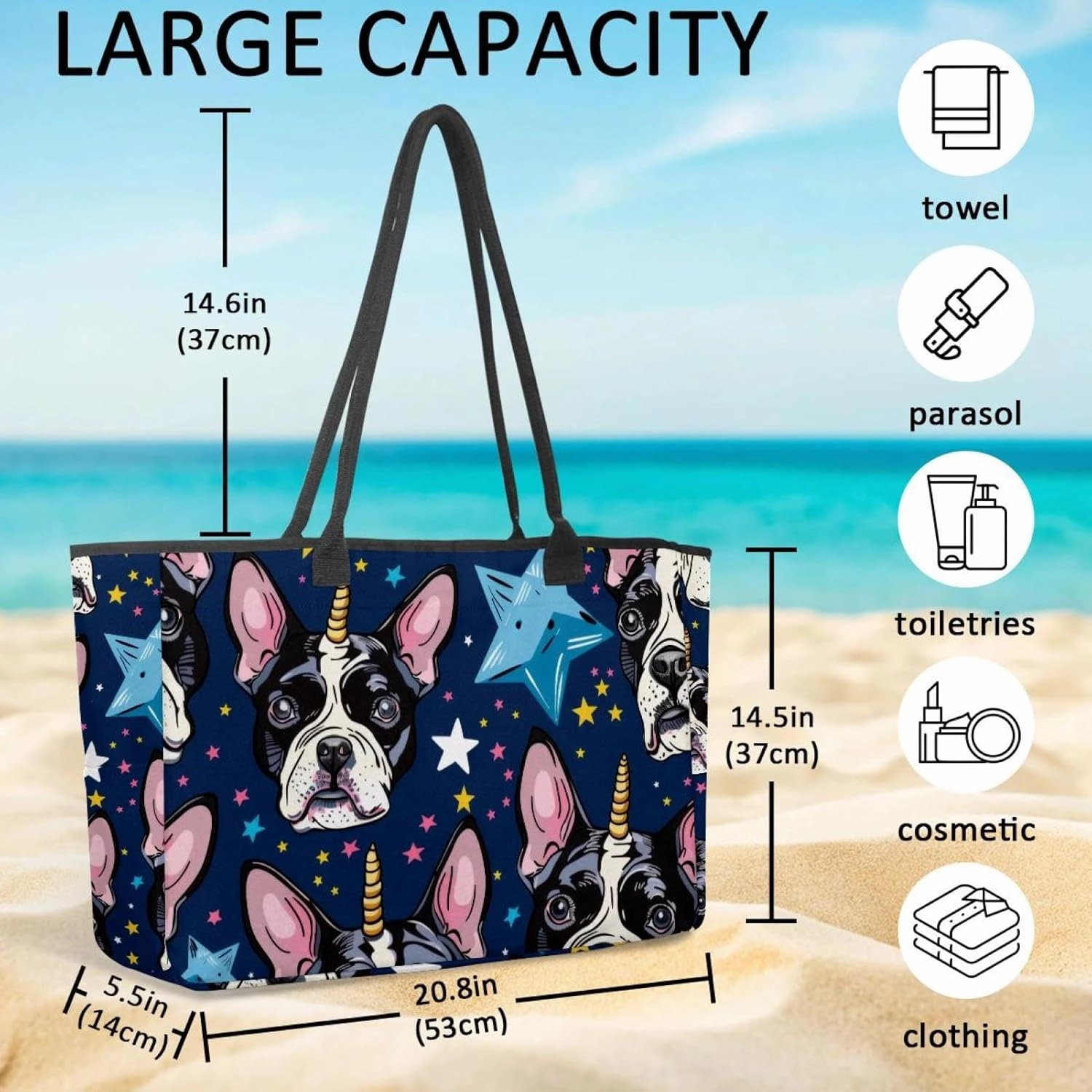 Large Beach Bag for Women, Butterfly and Unicorn Pattern Travel Tote with Pockets Waterproof Shoulder Handbag