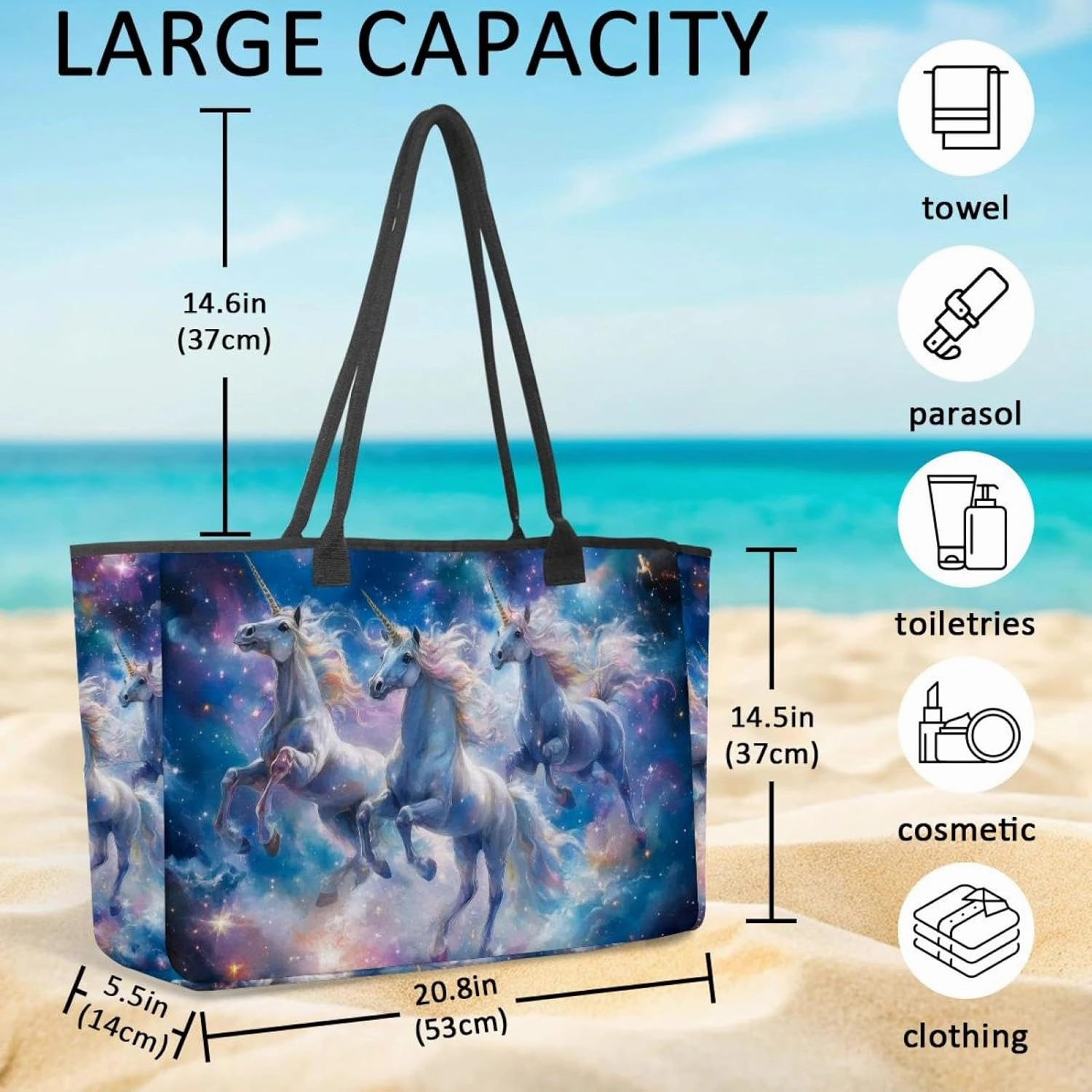 Large Beach Bag for Women, Full Moon Butterfly Sky Travel Tote with Pockets Waterproof Shoulder Handbag
