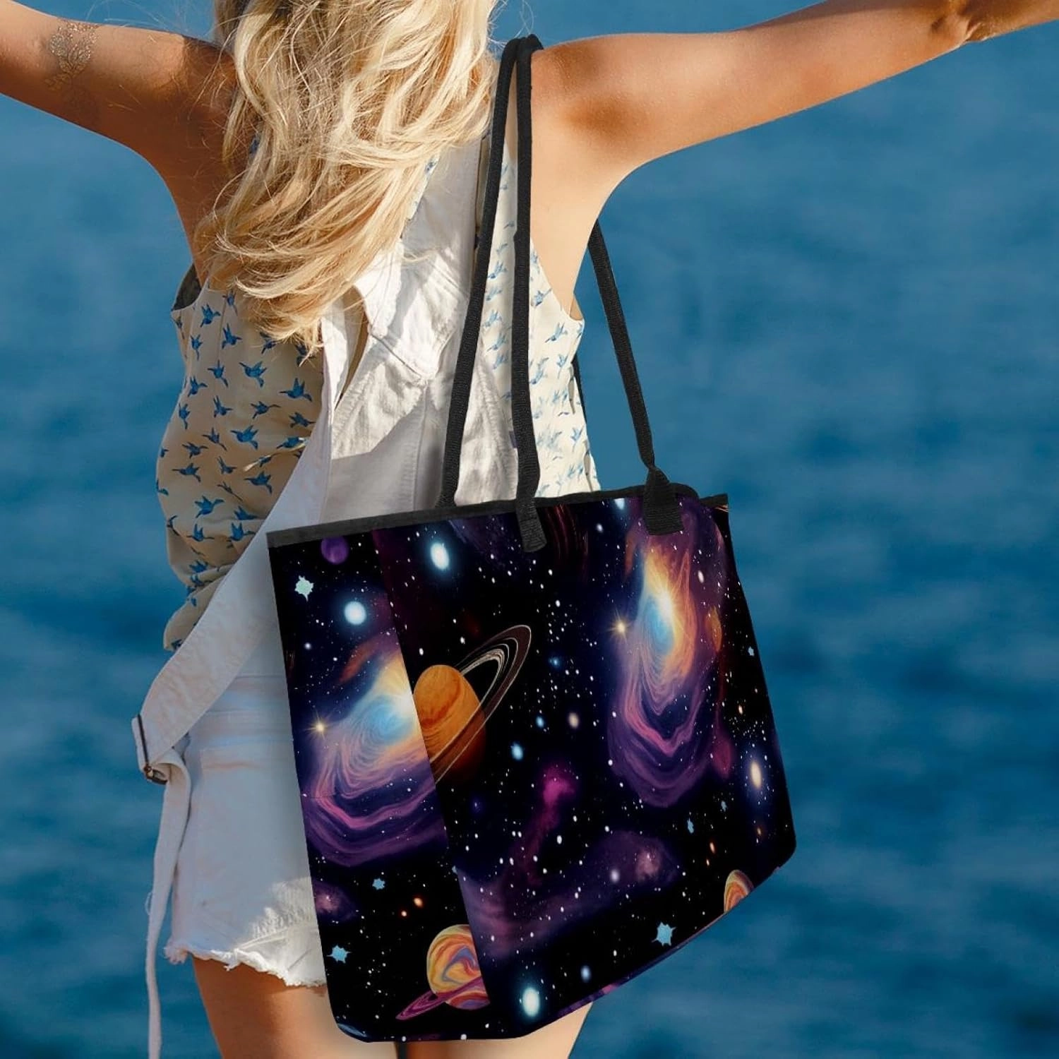 Large Beach Bag for Women, Scary Skull Head Pattern Travel Tote with Pockets Waterproof Shoulder Handbag