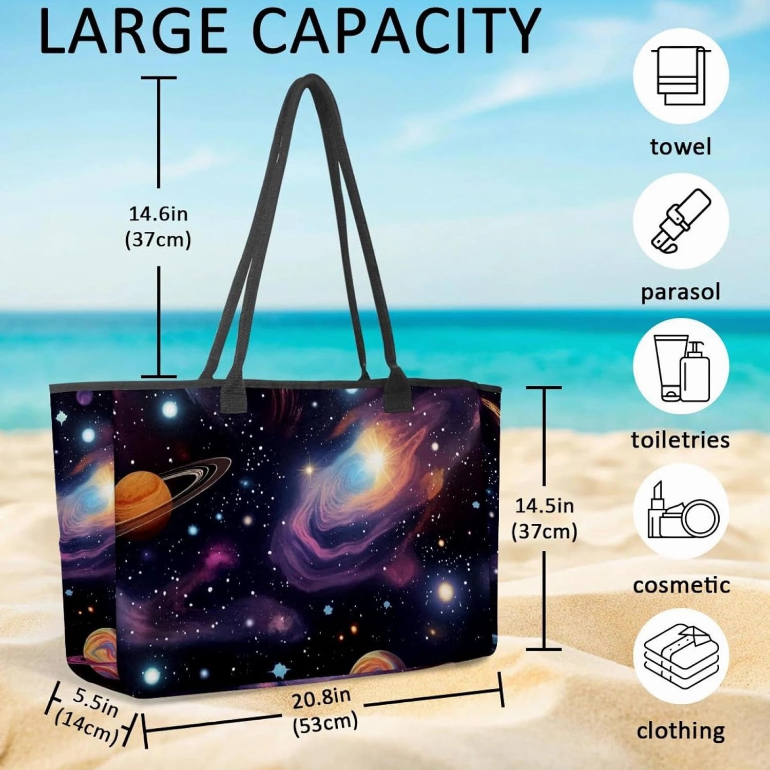 Large Beach Bag for Women, Scary Skull Head Pattern Travel Tote with Pockets Waterproof Shoulder Handbag