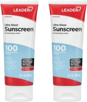 LEADER Travel Sunscreen SPF 100 , Ultra Sheer Dry-Touch Water Resistant and Non-Greasy Lotion with Broad Spectrum SPF 100 , 3 Fl Oz (2 Pack)
