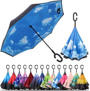 LLanxiry Umbrella,Inverted Reverse Upside Down Umbrellas with C-Shaped Handle, Anti-UV Waterproof Rain Umbrella for Women and Men