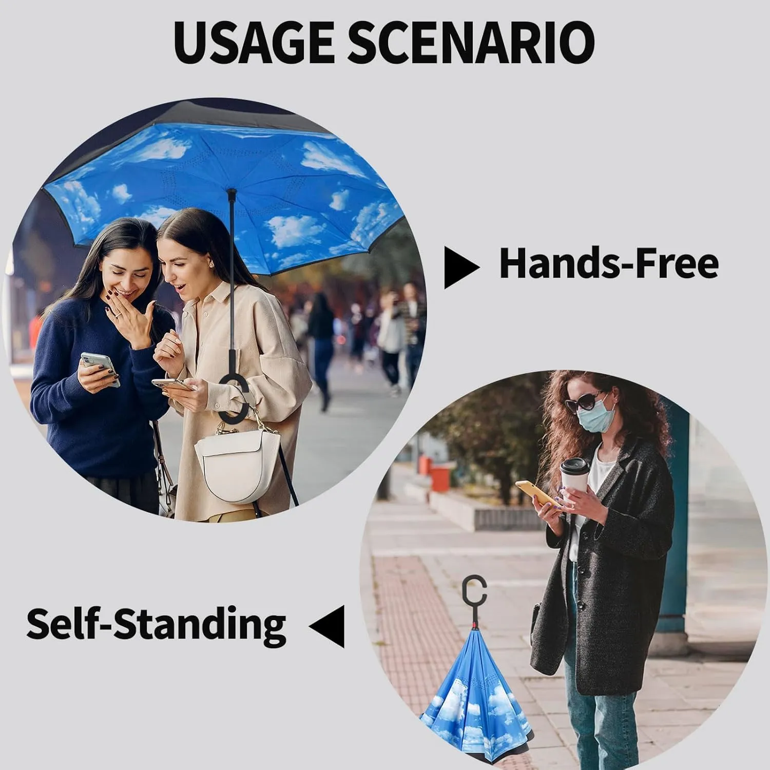 LLanxiry Umbrella,Inverted Reverse Upside Down Umbrellas with C-Shaped Handle, Anti-UV Waterproof Rain Umbrella for Women and Men