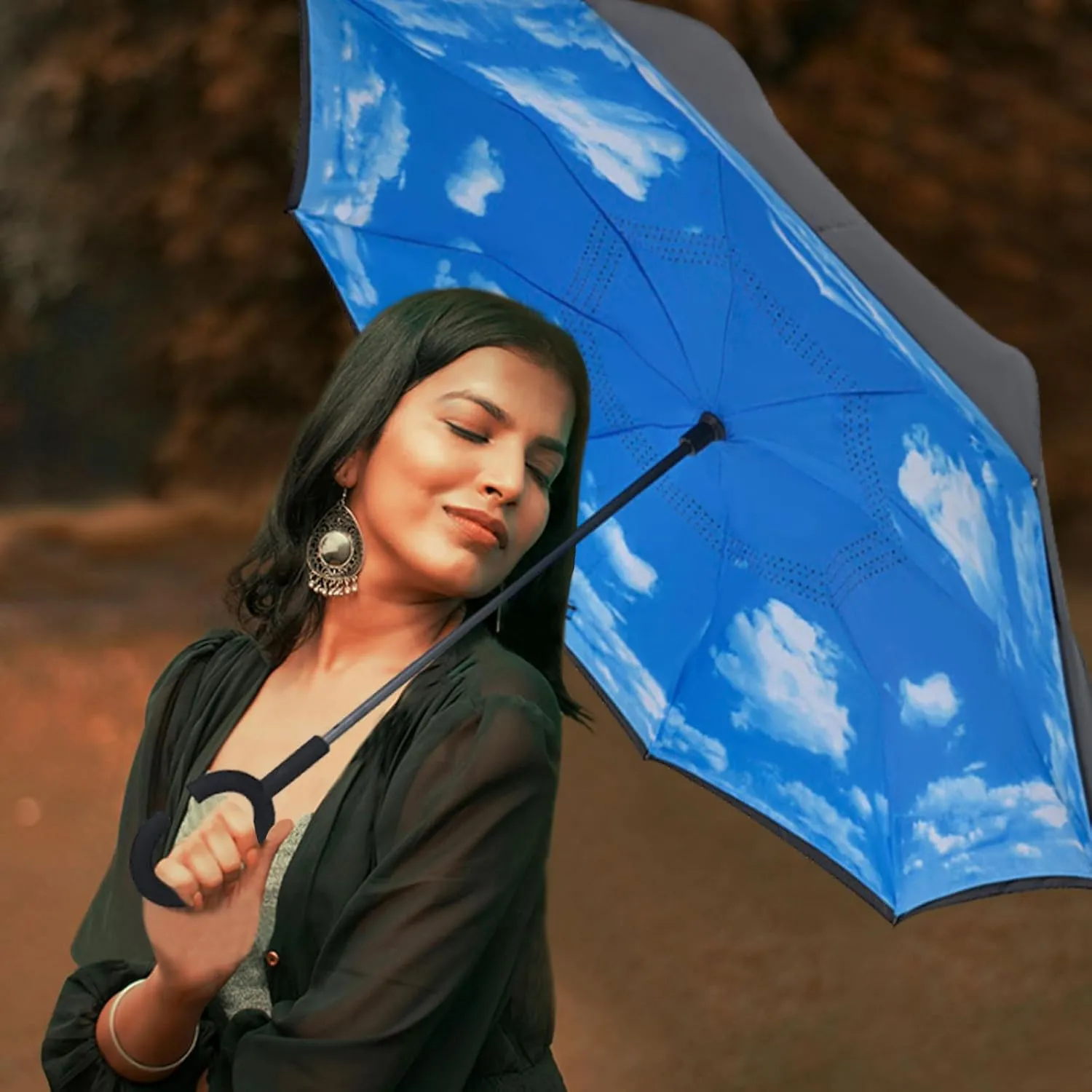LLanxiry Umbrella,Inverted Reverse Upside Down Umbrellas with C-Shaped Handle, Anti-UV Waterproof Rain Umbrella for Women and Men