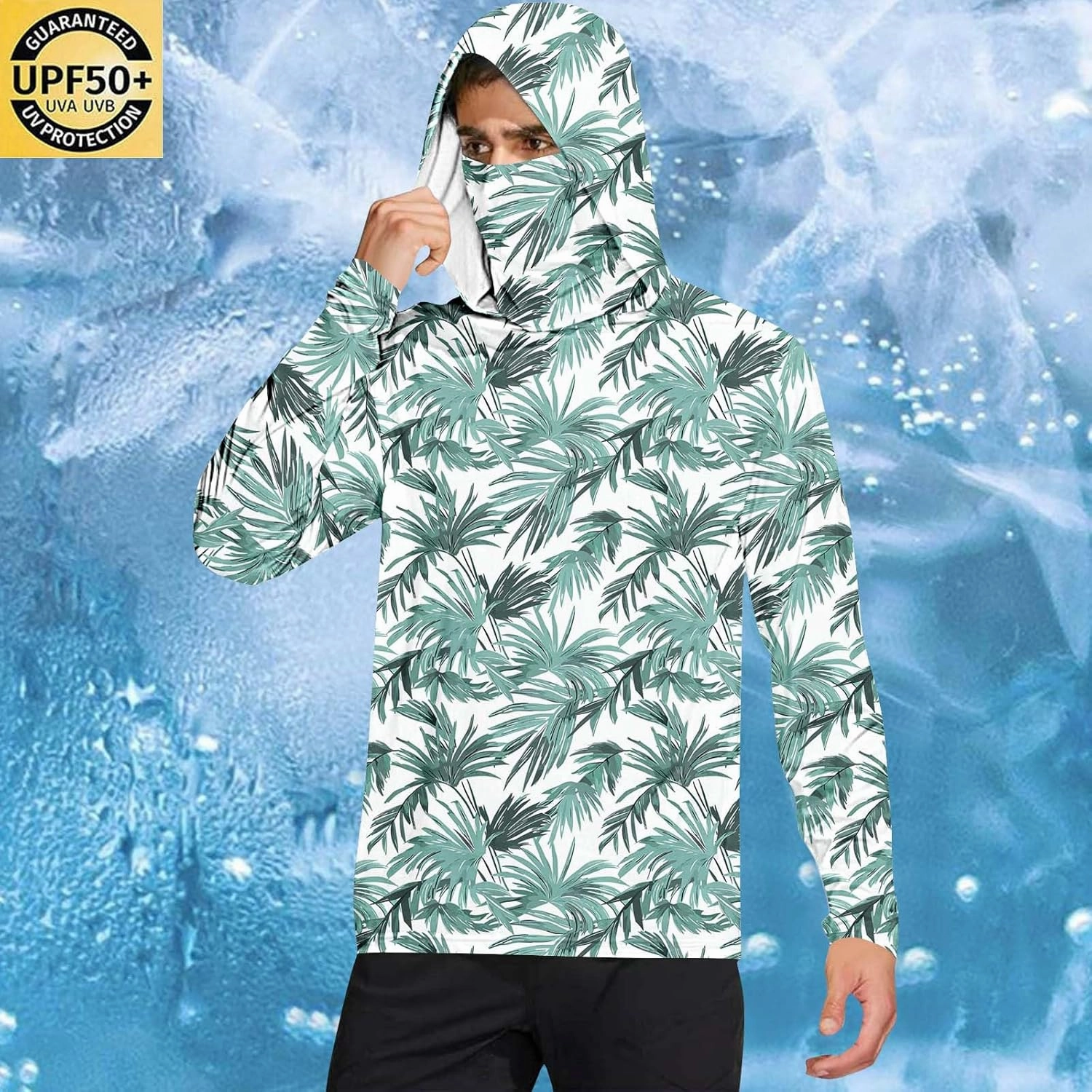 Long Sleeve Sun Shirt Men Camo UPF 50  UV Protection Hoodie with Hood Mask Rash Guard Lightweight Outdoor Fishing Top