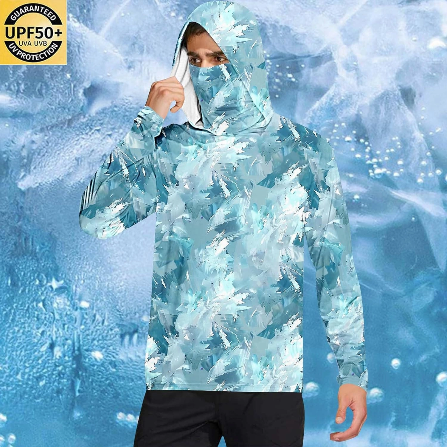 Long Sleeve Sun Shirt Men Camo UPF 50  UV Protection Hoodie with Hood Mask Rash Guard Lightweight Outdoor Fishing Top