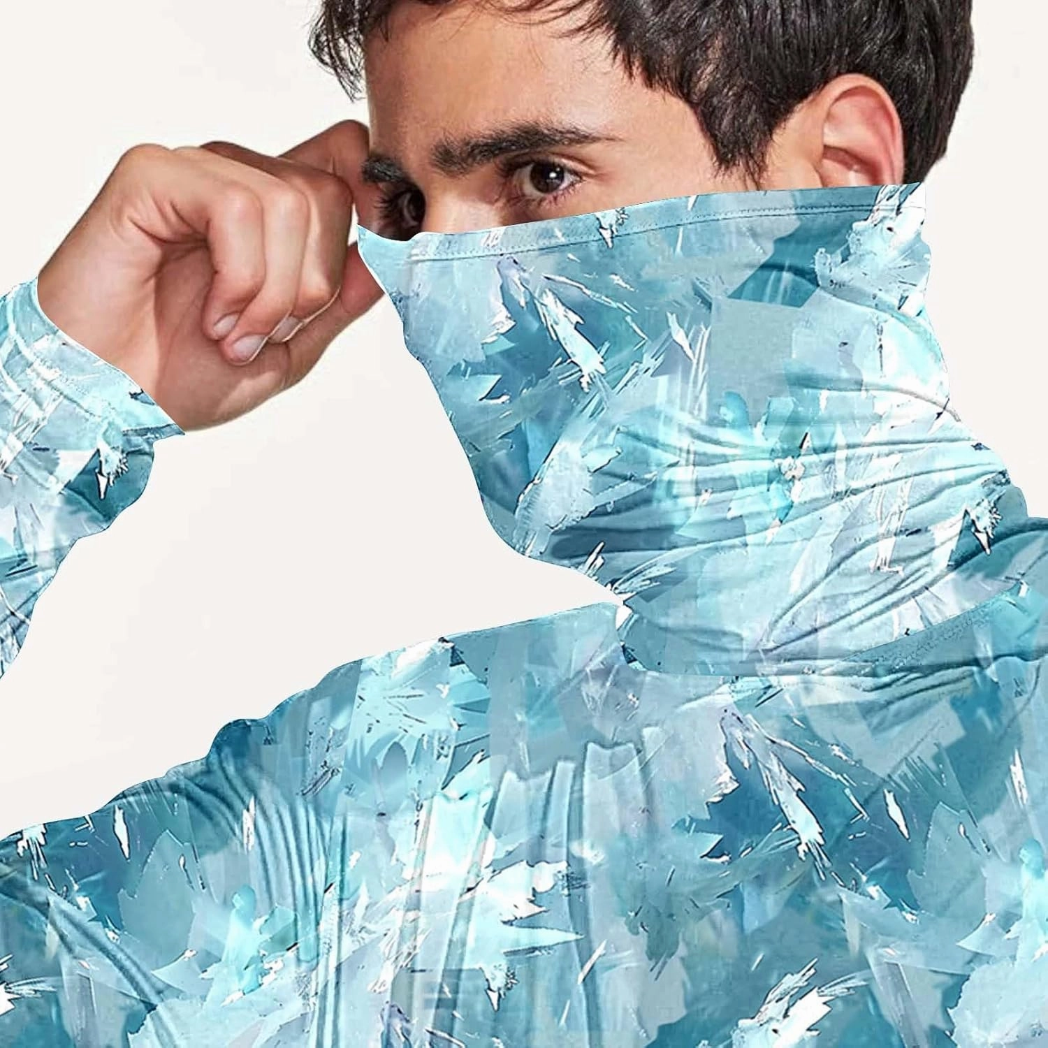 Long Sleeve Sun Shirt Men Camo UPF 50  UV Protection Hoodie with Hood Mask Rash Guard Lightweight Outdoor Fishing Top