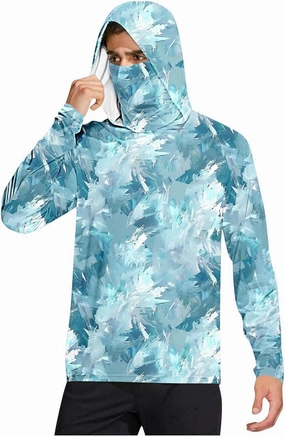 Long Sleeve Sun Shirt Men Camo UPF 50  UV Protection Hoodie with Hood Mask Rash Guard Lightweight Outdoor Fishing Top